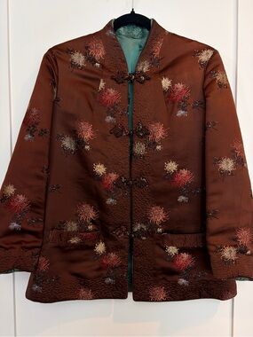 Vintage Reversible Asian Brocade Jacket Teal Brown Mandarin Style Coat